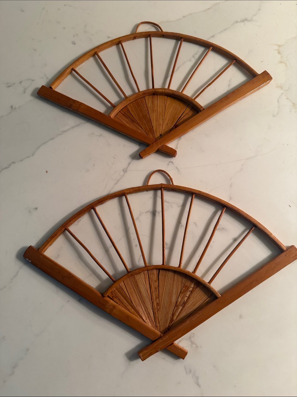 Vintage Rattan or Bamboo Wood Fan Wall Decor Set of 2